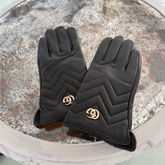 Black Leather Gloves with Gold Accents